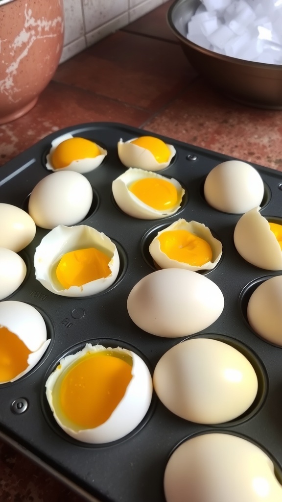 A muffin tin filled with baked hard boiled eggs, ready for cooling in ice water.